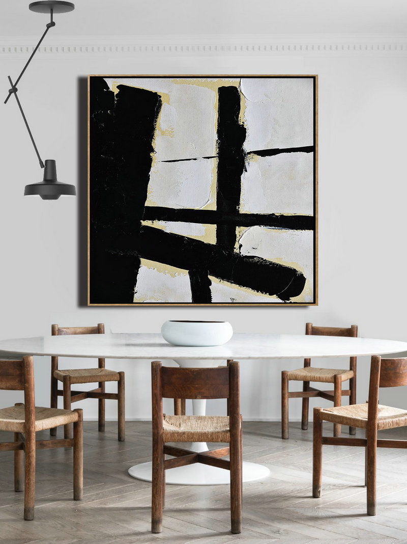 Handmade Extra Large Contemporary Painting,Handmade Minimal Art Palette Knife Canvas Painting, Black White Beige - Canvas Artwork For Sale
